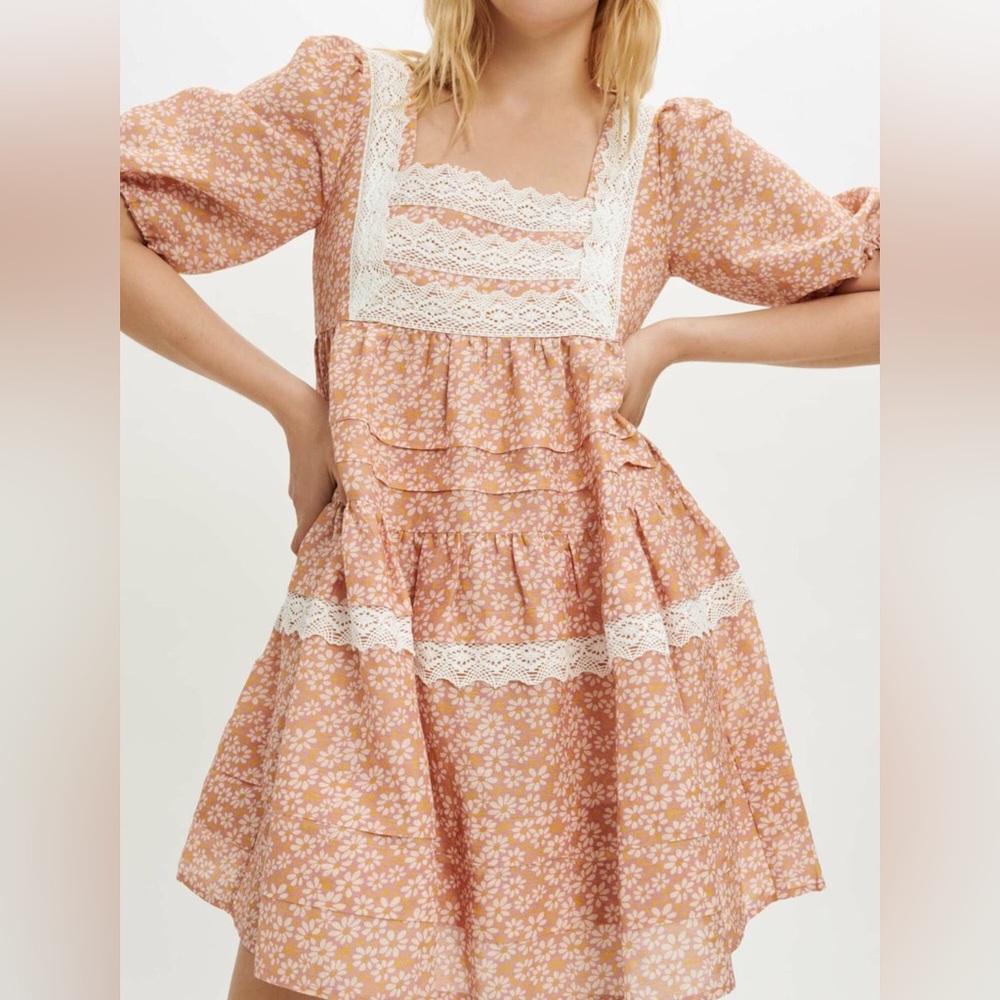MAJE Linen-Cotton Printed lace braid dress - XS/34